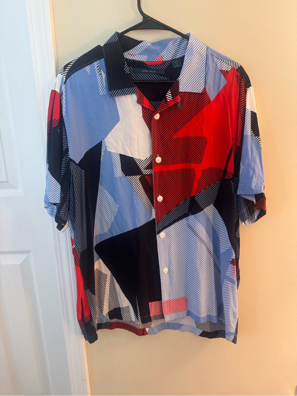 Perry Ellis Short Sleeve Abstract Geo Button-Down Shirt - Red, Blue & Black